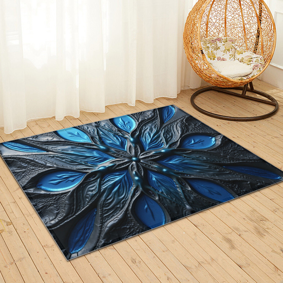 SpectraBlue Art - Abstract Floral Metallic Blue Area Rug for Living Room - Area Rug - Printdoors - Area Rug