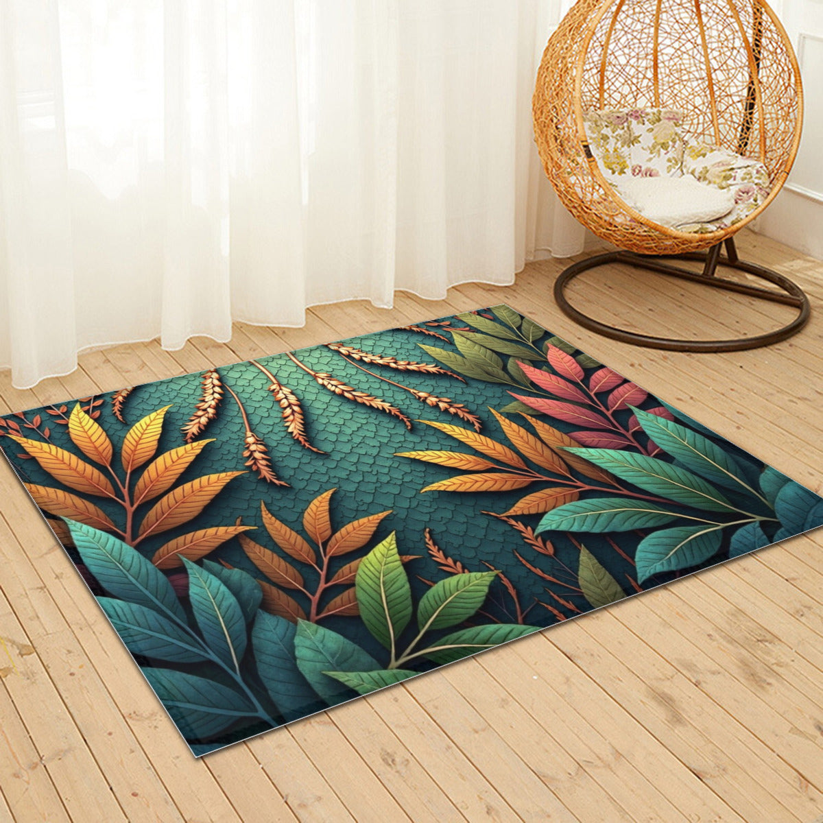 Autumnal Canopy: Botanical Teal Area Rug - Area Rug - VibVie Rug