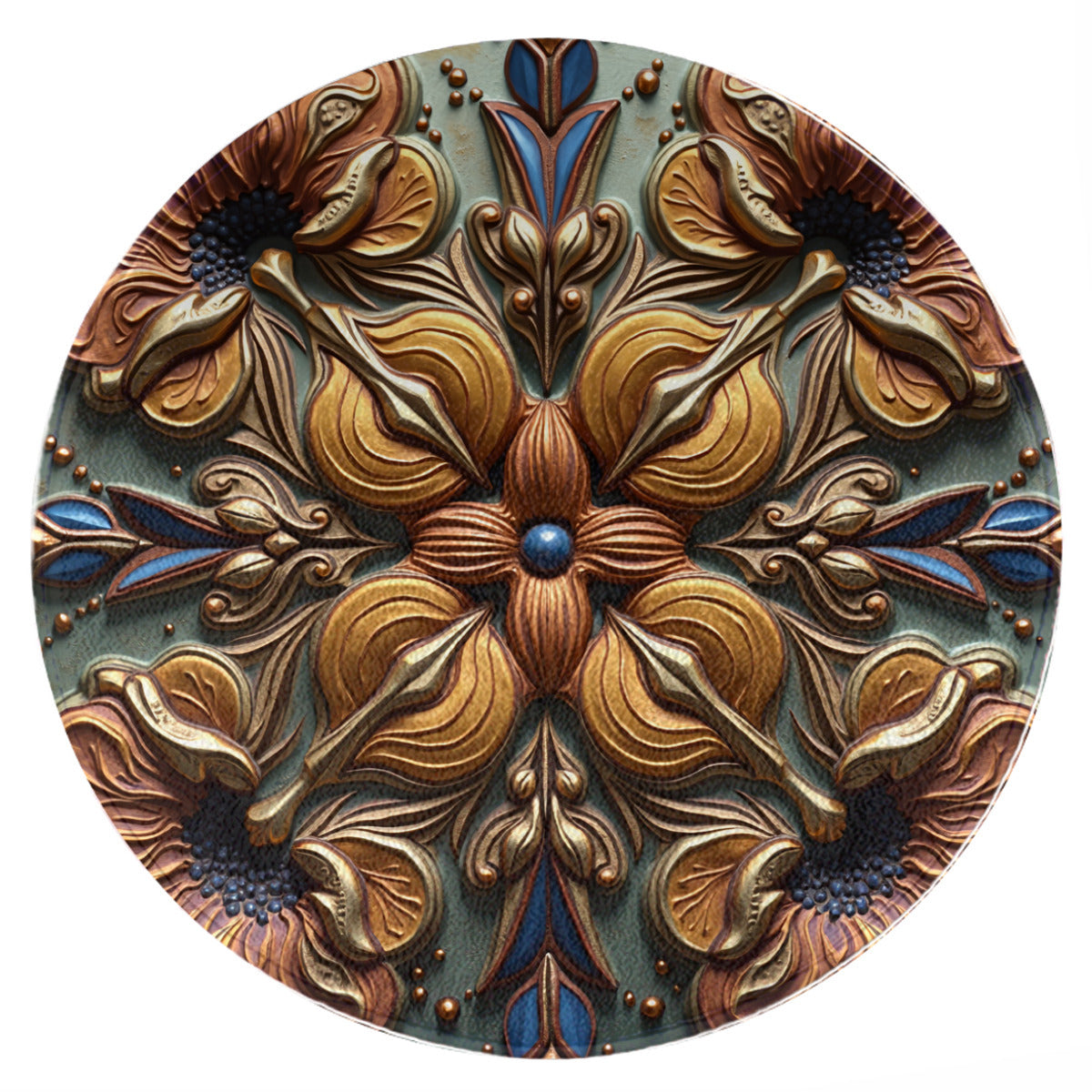 Gilded Bloom: Art Deco Mandala Wall Art - Gold & Blue Floral Relief - Area Rug - VibVie