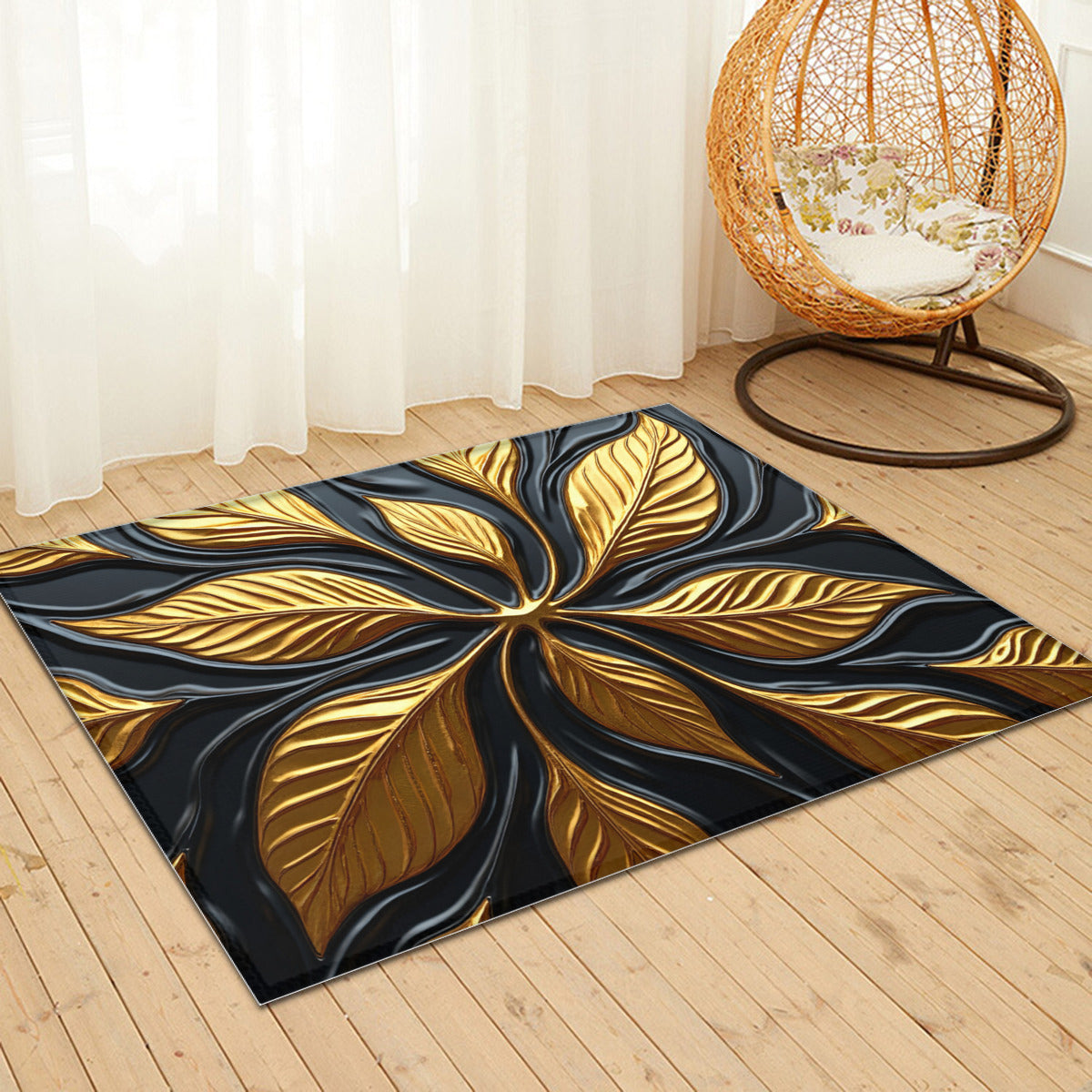 Noir & Gold Art Rug - Contemporary Black and Gold Floral Pattern - Area Rug - Printdoors - Area Rug