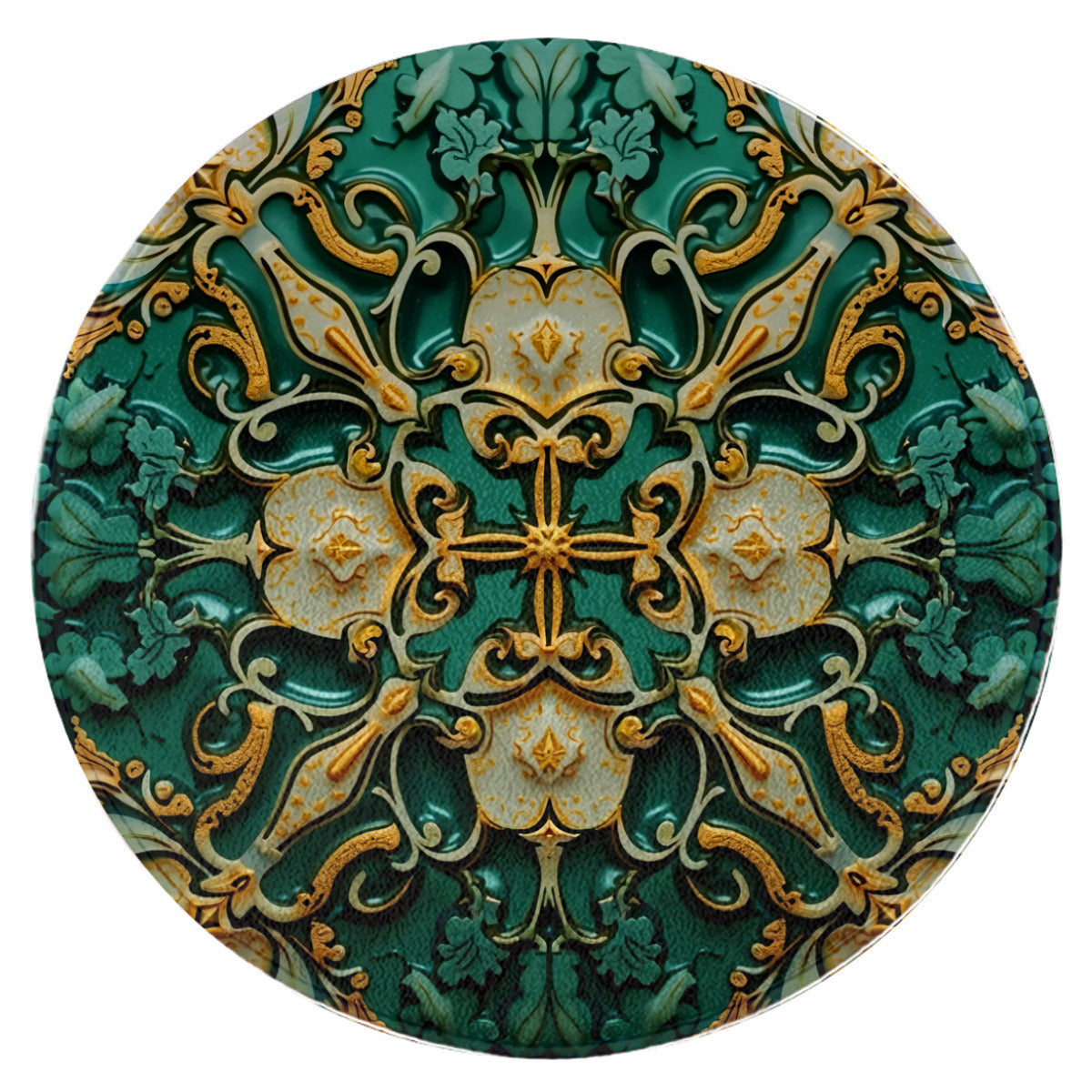 Baroque Emerald Round Rug: Ornate Green and Gold Medallion Design - Area Rug - VibVie