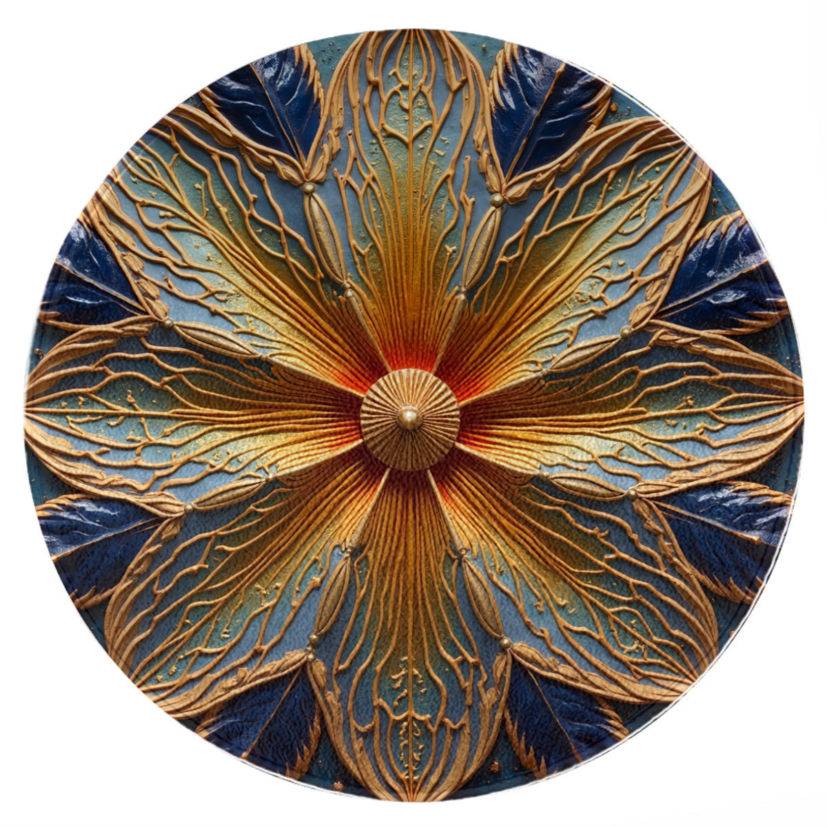 Art Deco Bloom Round Rug: Carved Gold & Blue Vintage Accent - Area Rug - VibVie