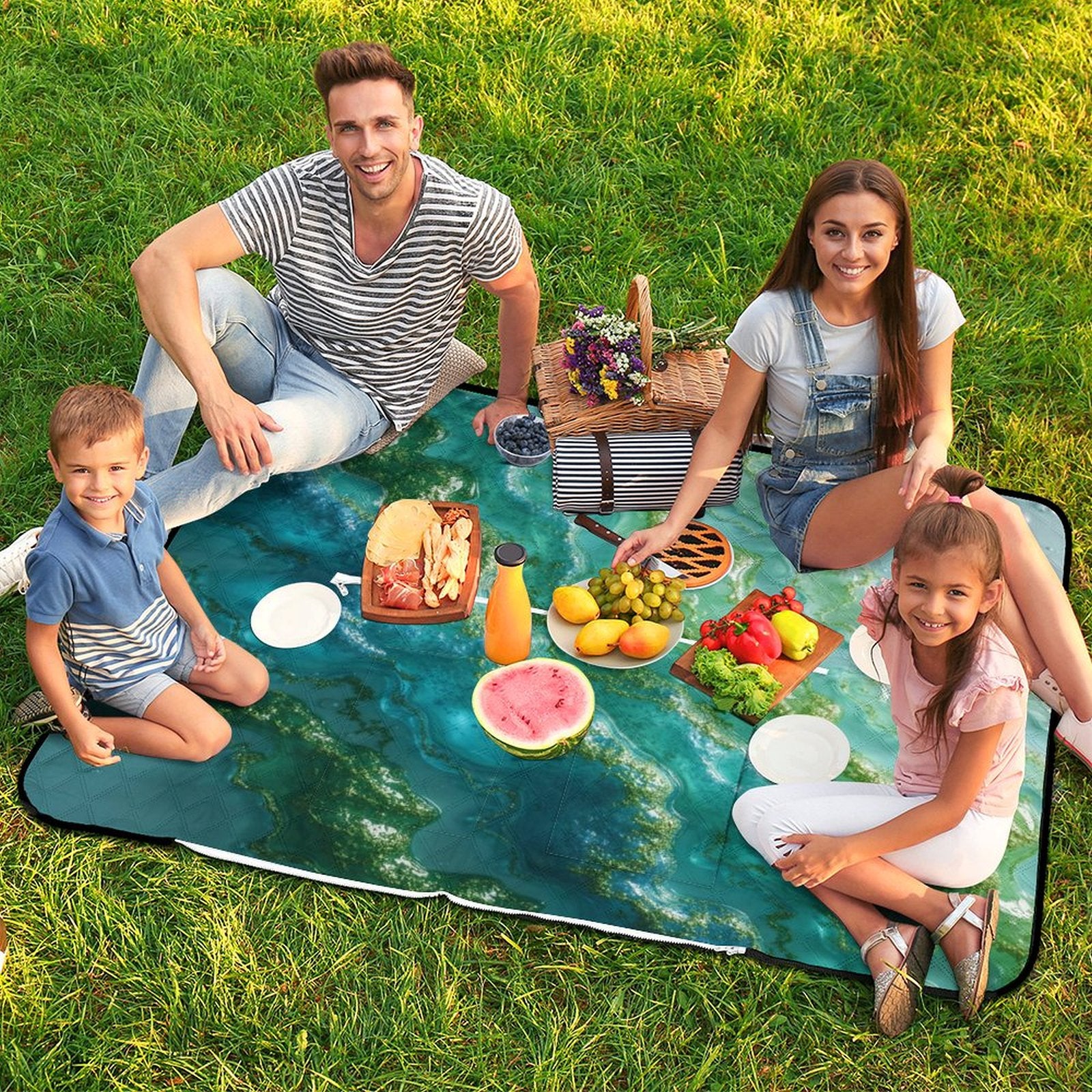 Aqua Marble Picnic Blanket Bag - Modern Convertible Outdoor Mat