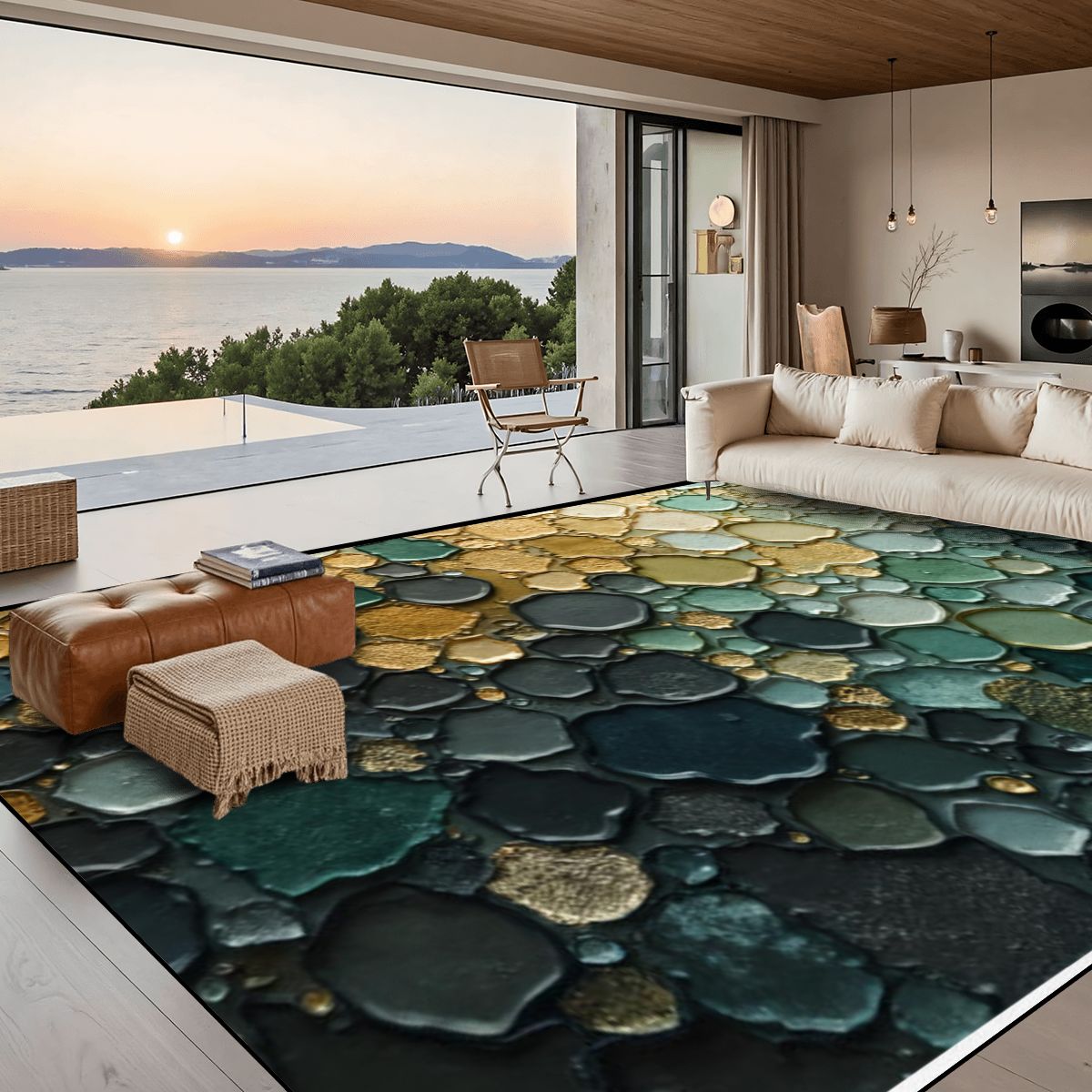 Emerald Stone River Rug - Modern Teal & Gold Accent Carpet
