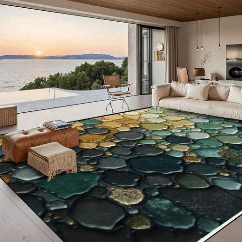 Emerald Stone River Rug - Modern Teal & Gold Accent Carpet