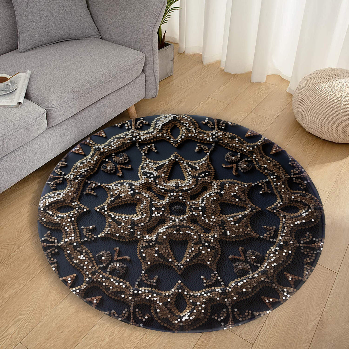 Sequin Medallion Round Rug: Glamorous Gold & Black Bohemian Accent - Area Rug - VibVie