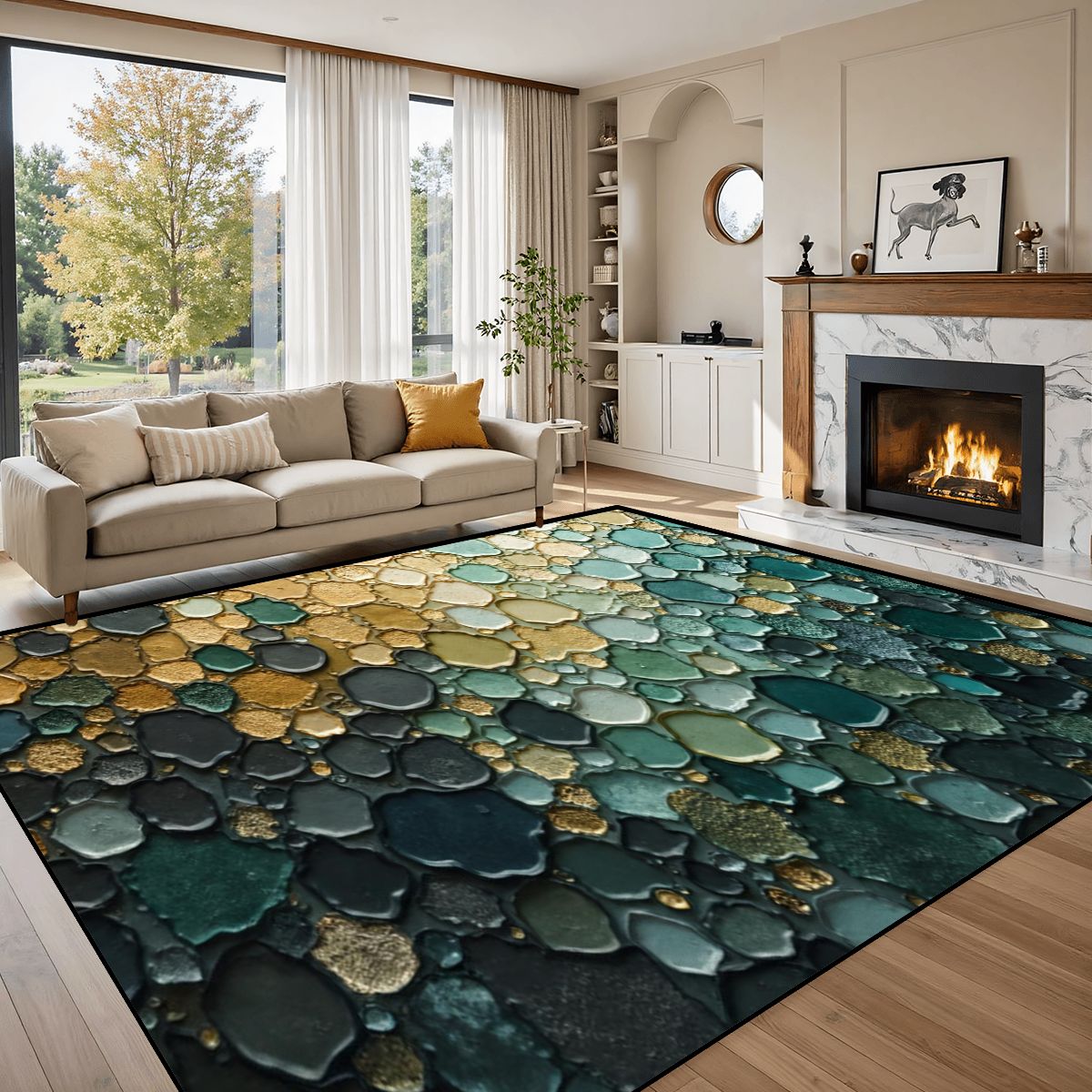 Emerald Stone River Rug - Modern Teal & Gold Accent Carpet