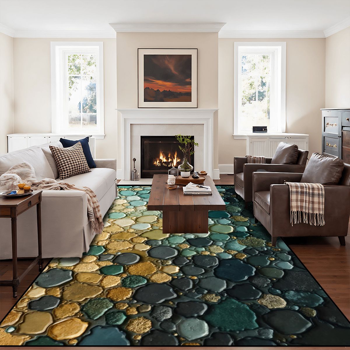 Emerald Stone River Rug - Modern Teal & Gold Accent Carpet