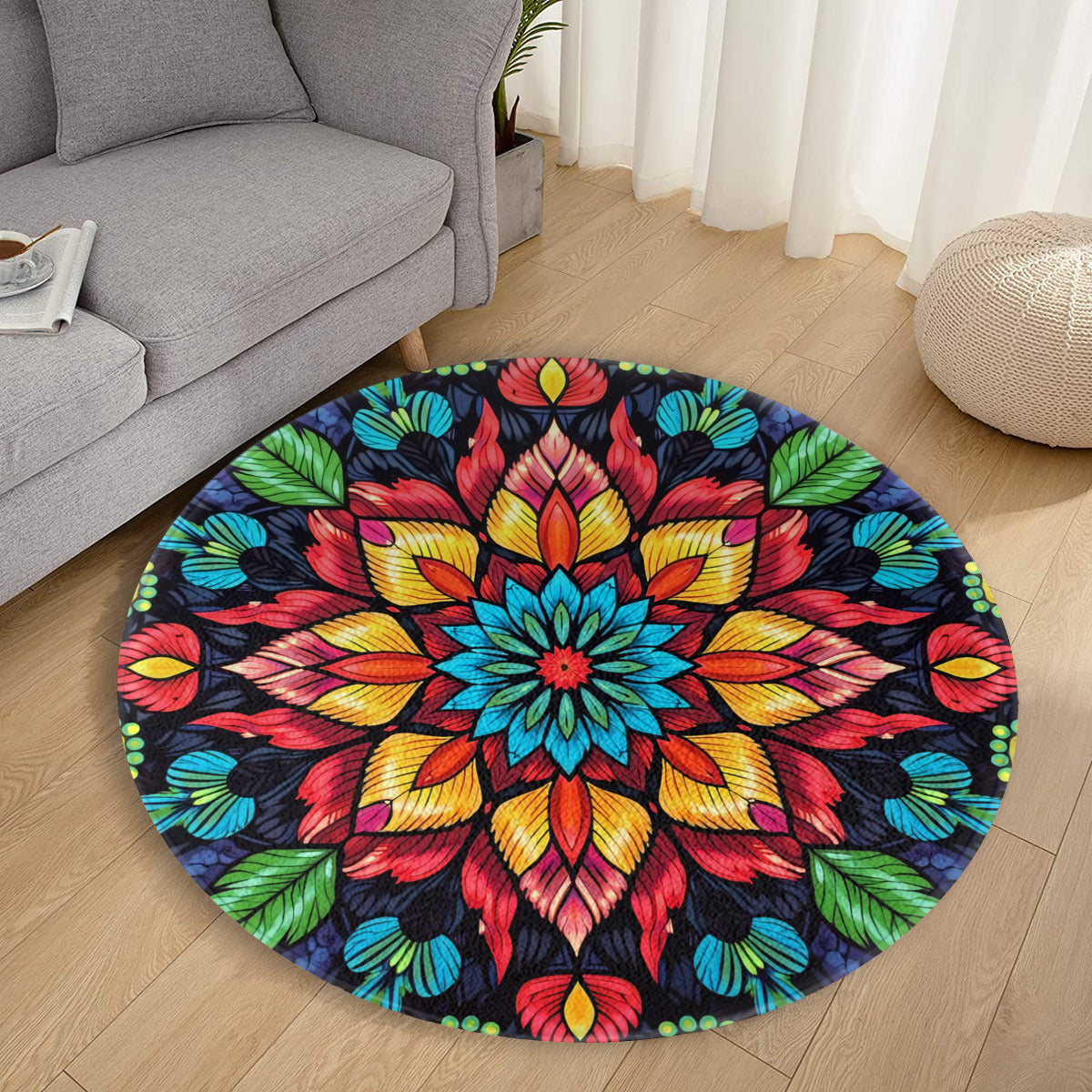 Floral Mandala Round Rug: Colorful Bohemian Flower Accent Rug - Area Rug - VibVie