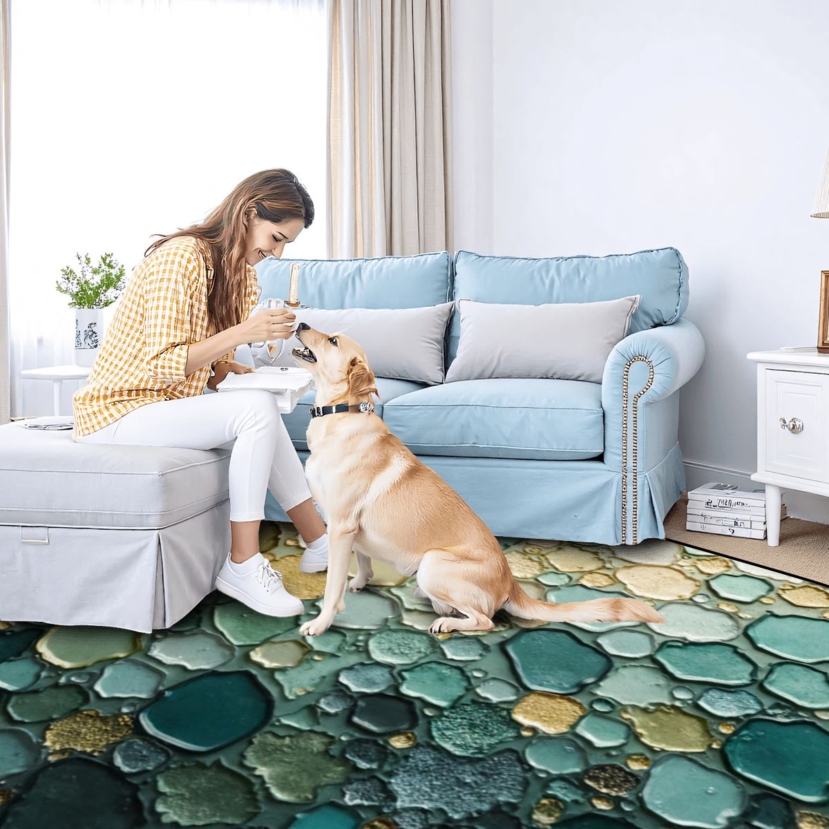 Emerald Stone River Rug - Modern Teal & Gold Accent Carpet