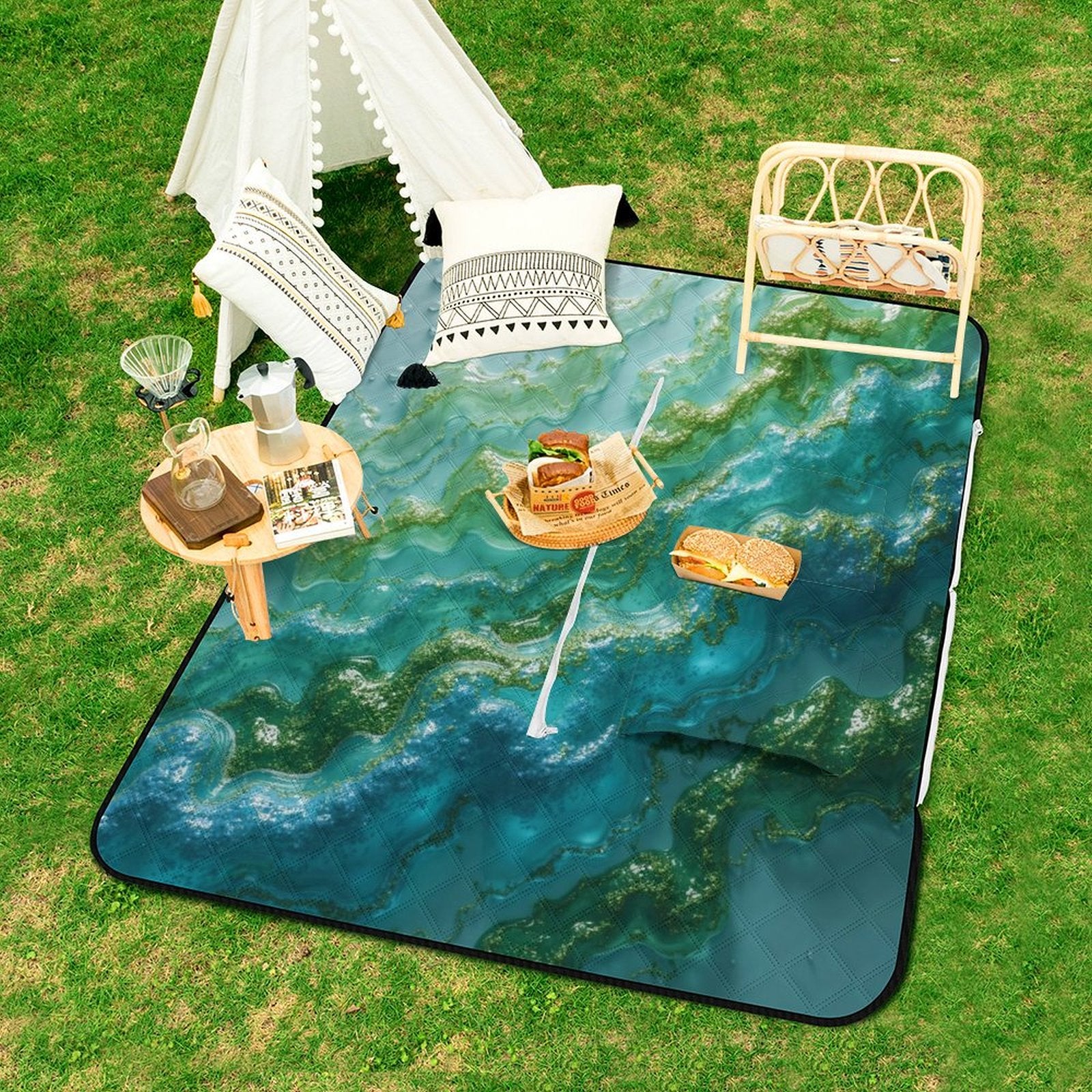 Aqua Marble Picnic Blanket Bag - Modern Convertible Outdoor Mat