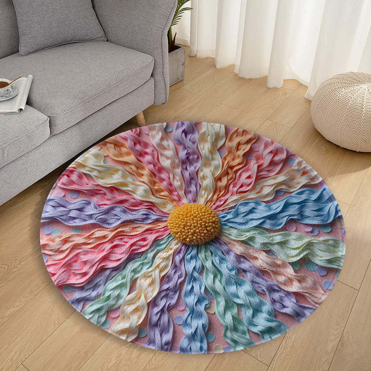 Pastel Ribbon Round Rug: Whimsical Rainbow Flower Kids Accent Rug - Area Rug - VibVie