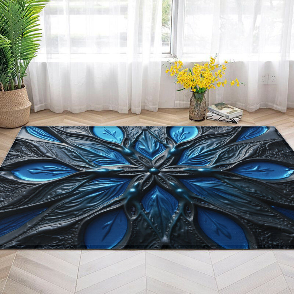SpectraBlue Art - Abstract Floral Metallic Blue Area Rug for Living Room - Area Rug - Printdoors - Area Rug