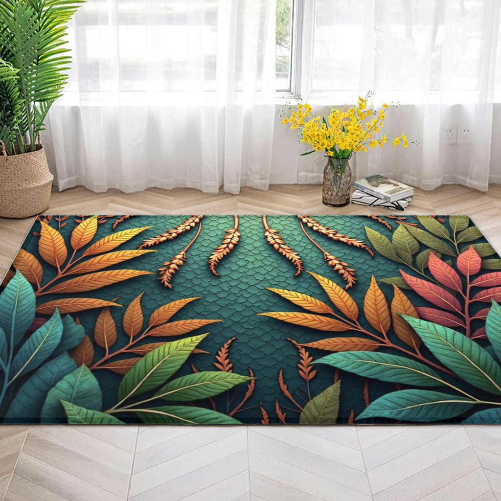 Autumnal Canopy: Botanical Teal Area Rug - Area Rug - VibVie Rug