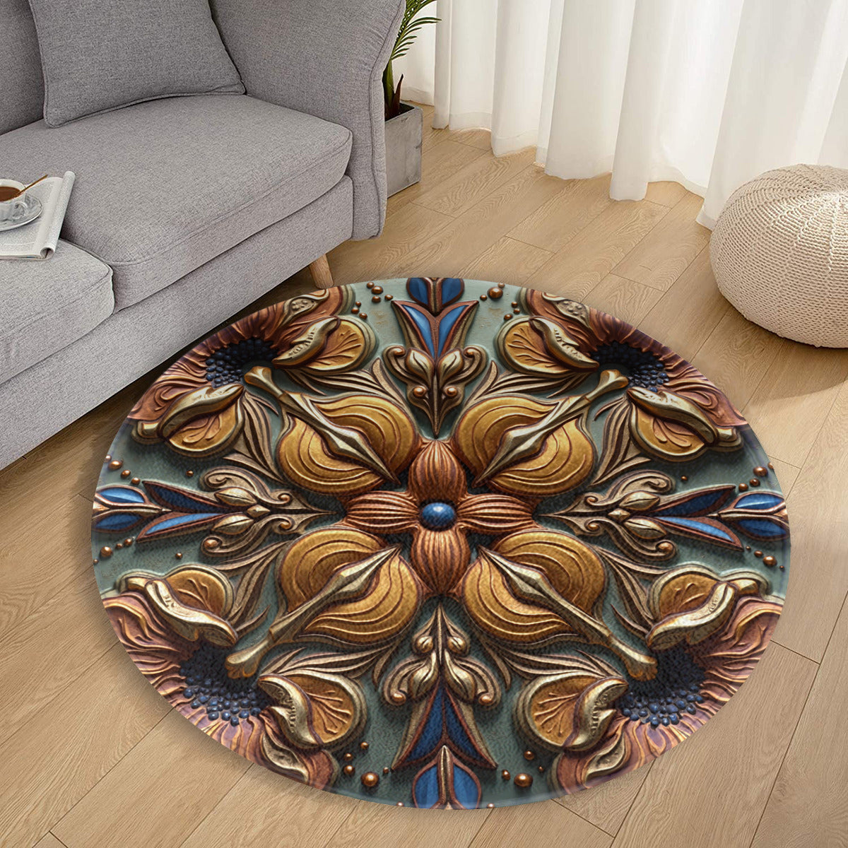 Gilded Bloom: Art Deco Mandala Wall Art - Gold & Blue Floral Relief - Area Rug - VibVie