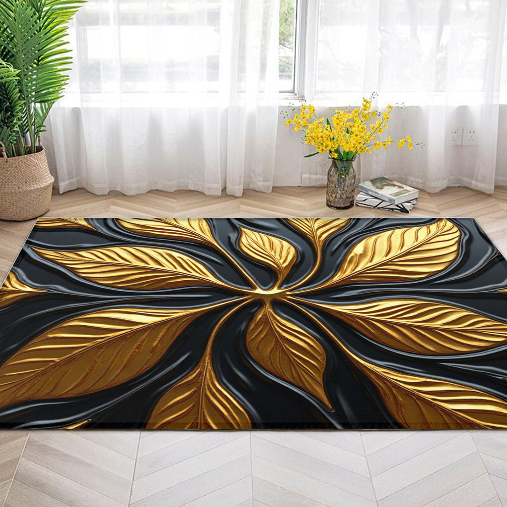 Noir & Gold Art Rug - Contemporary Black and Gold Floral Pattern - Area Rug - Printdoors - Area Rug