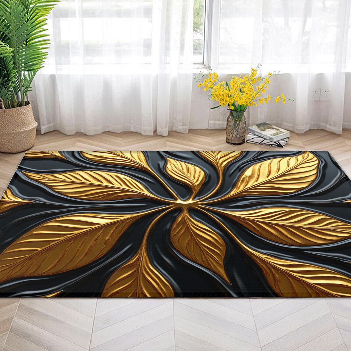 Noir & Gold Art Rug - Contemporary Black and Gold Floral Pattern - Area Rug - Printdoors - Area Rug