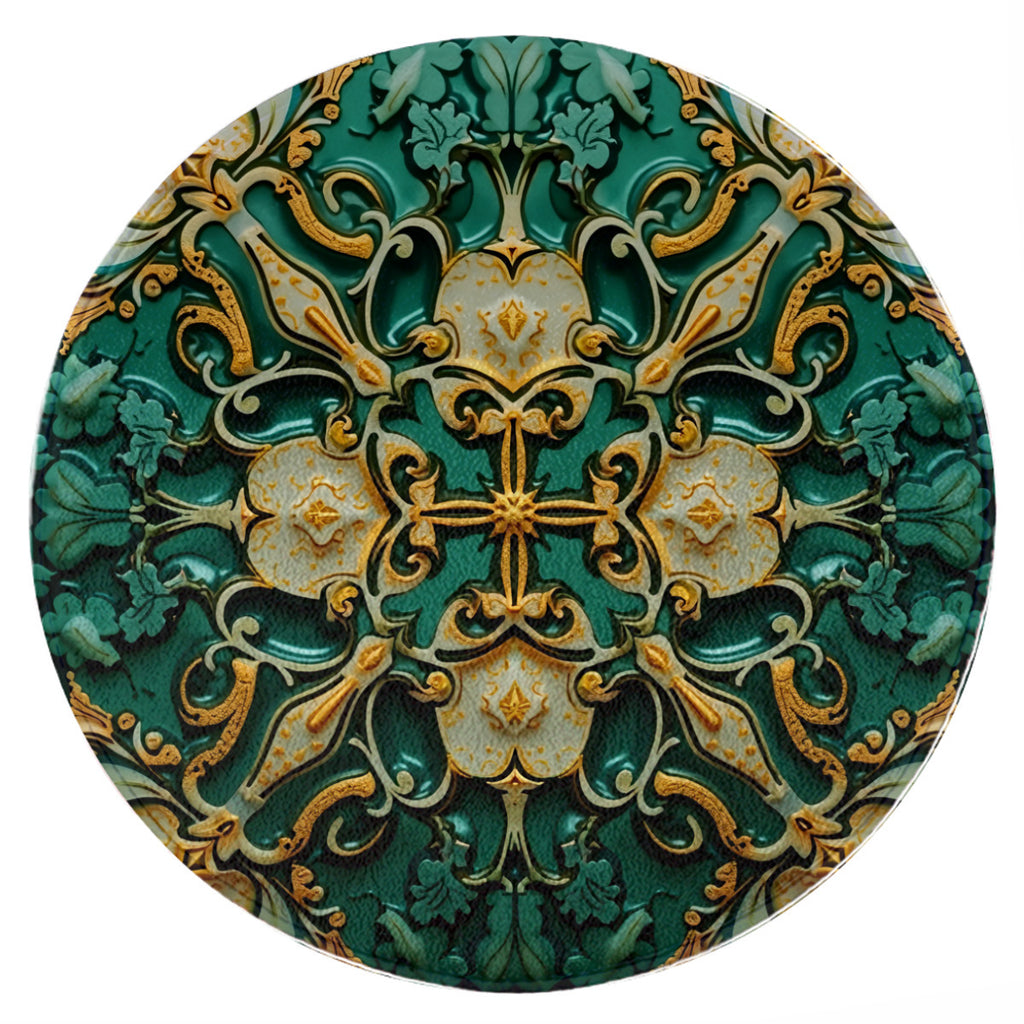 Baroque Emerald Round Rug: Ornate Green and Gold Medallion Design - Area Rug - VibVie