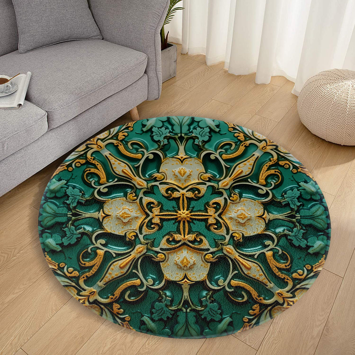 Baroque Emerald Round Rug: Ornate Green and Gold Medallion Design - Area Rug - VibVie