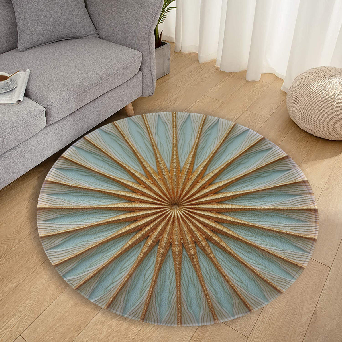 Starburst Round Rug: Modern Blue & Gold Geometric Accent - Area Rug - VibVie