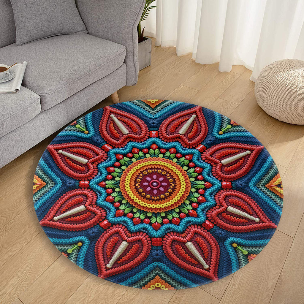 Knit Mandala Round Rug: Colorful Bohemian Crochet Style Accent - Area Rug - VibVie