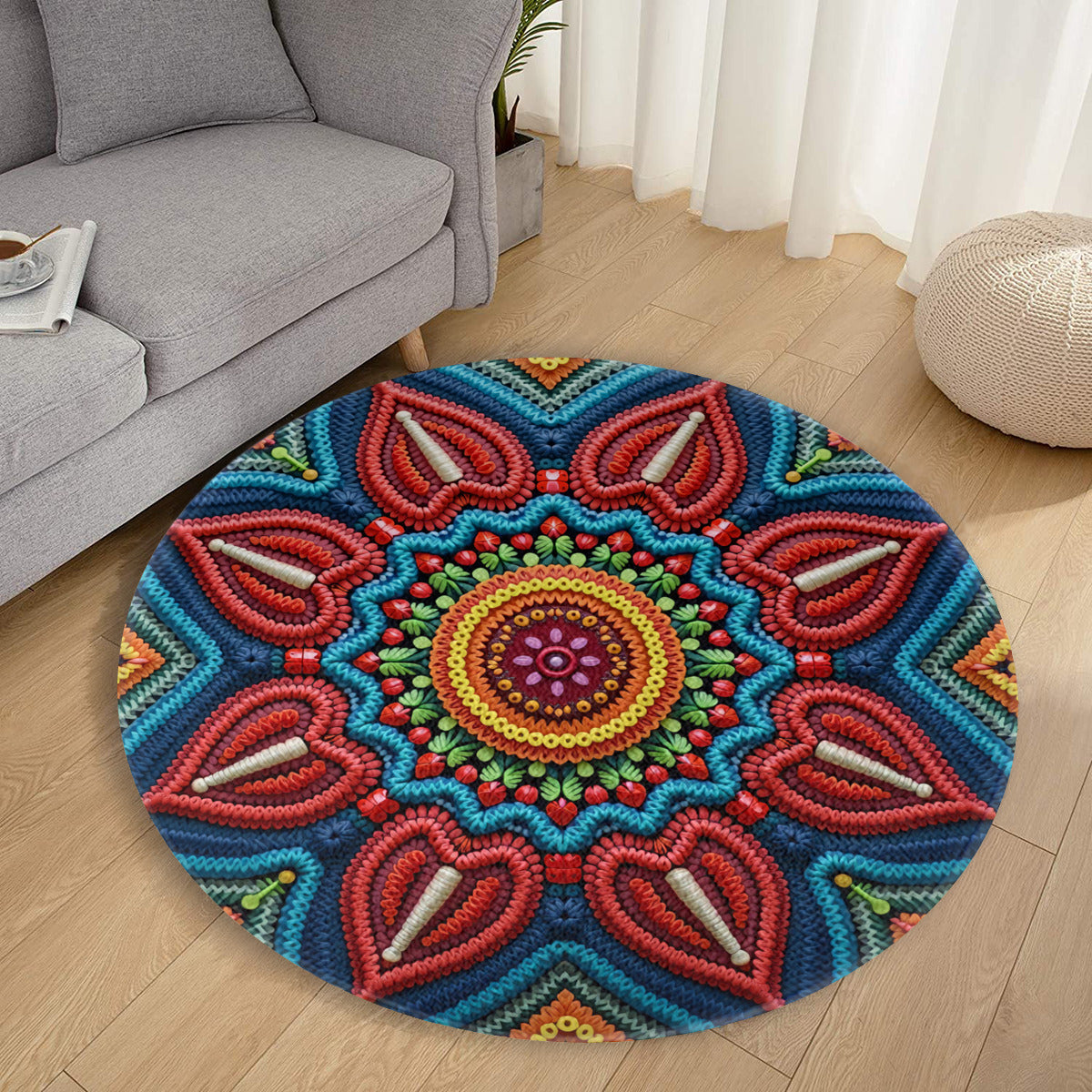Knit Mandala Round Rug: Colorful Bohemian Crochet Style Accent - Area Rug - VibVie