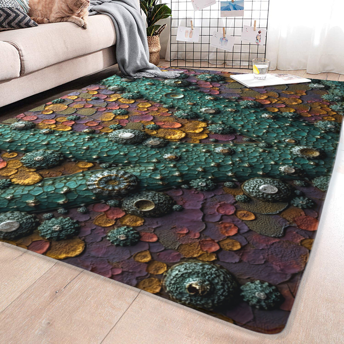 Fractal Bloom Rug - Textured Teal & Gold Area Rug - Area Rug - VibVie