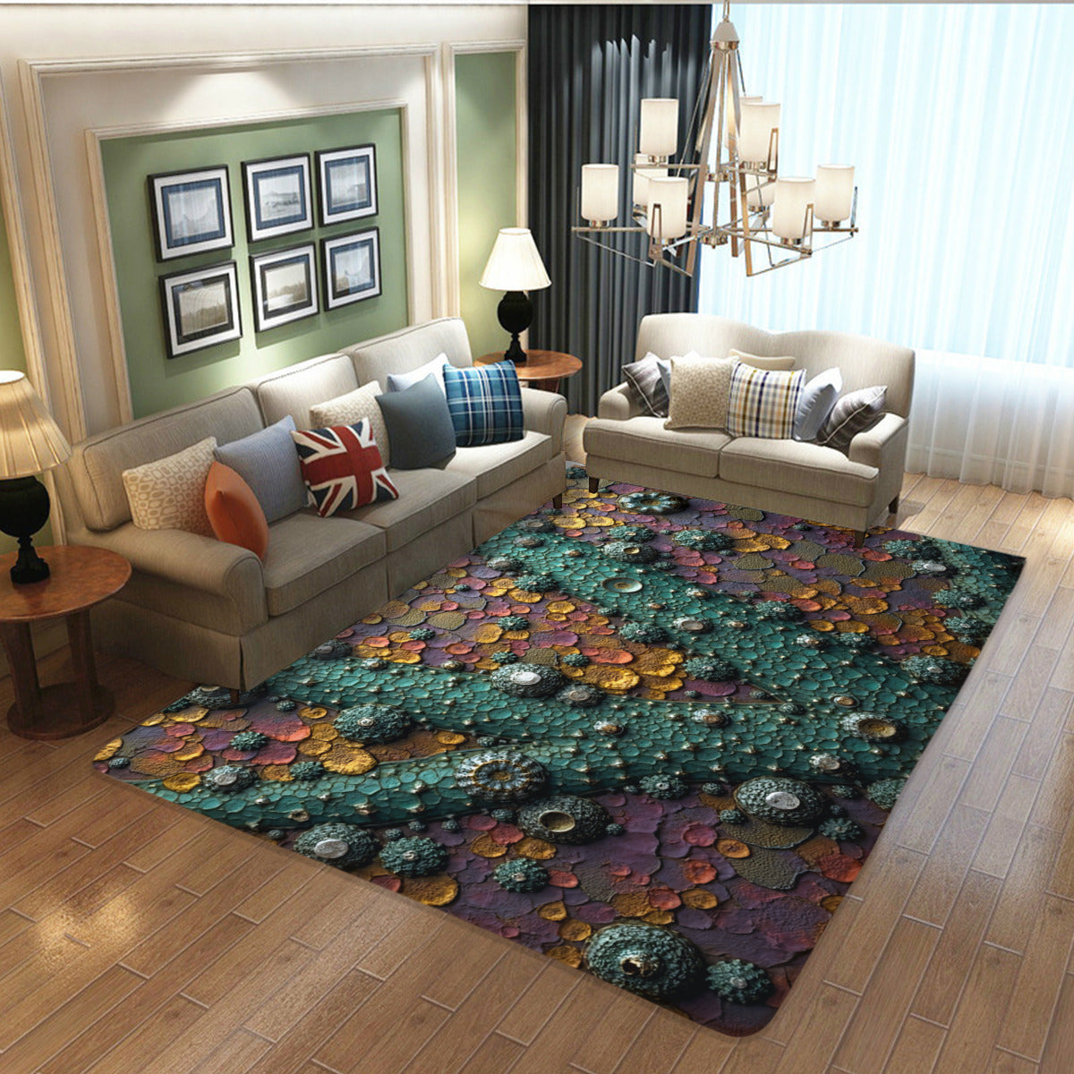 Fractal Bloom Rug - Textured Teal & Gold Area Rug - Area Rug - VibVie
