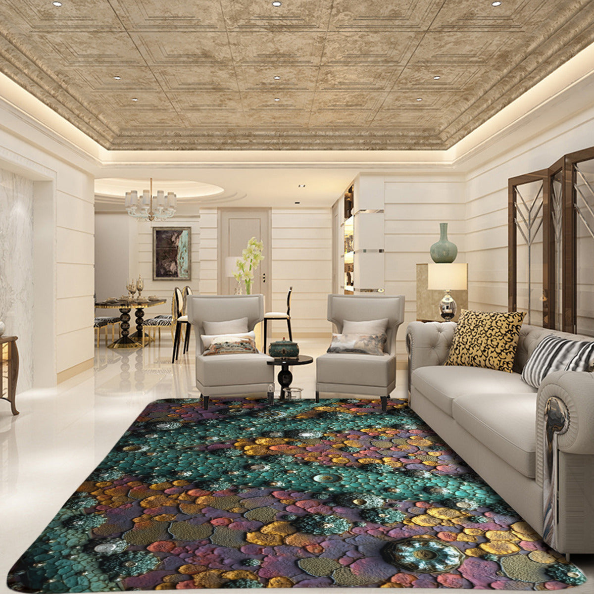 Fractal Bloom Rug - Textured Teal & Gold Area Rug - Area Rug - VibVie