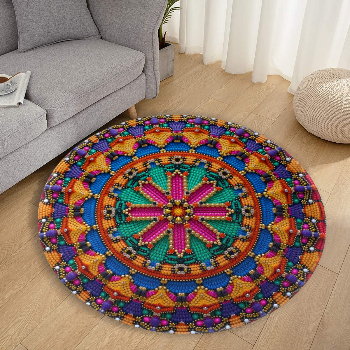 Gemstone Medallion Round Rug: Vibrant Beaded Bohemian Accent Rug - Area Rug - VibVie