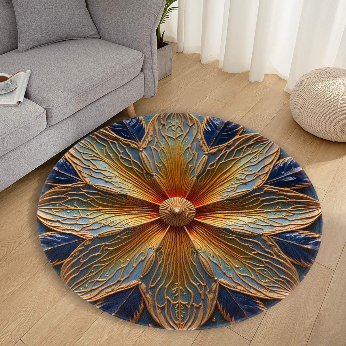 Art Deco Bloom Round Rug: Carved Gold & Blue Vintage Accent - Area Rug - VibVie