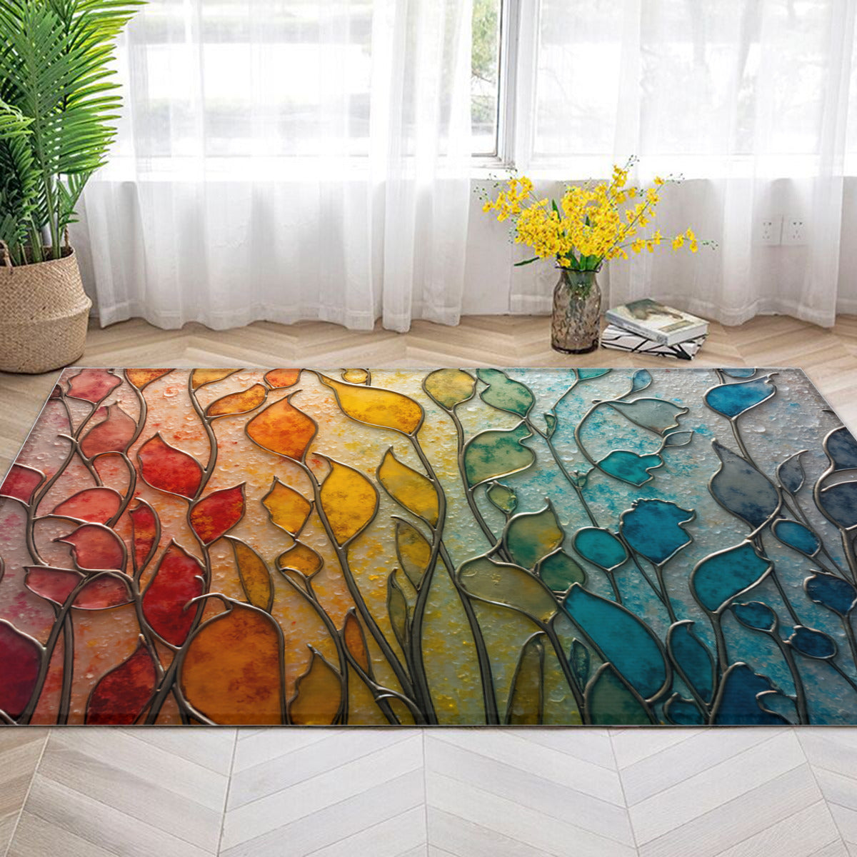 Spectrum Leaf Area - Contemporary Rainbow Patterned Living Room Rug - Area Rug - Printdoors - Area Rug