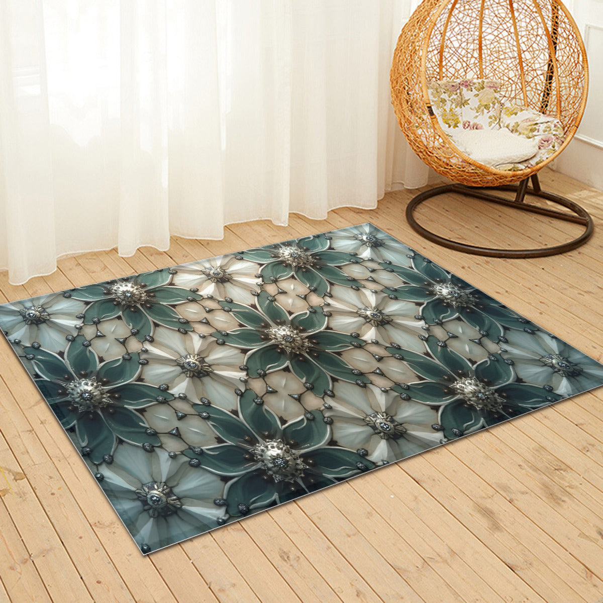 Teal Floral 3D Illusion Rug - Area Rug - VibVie