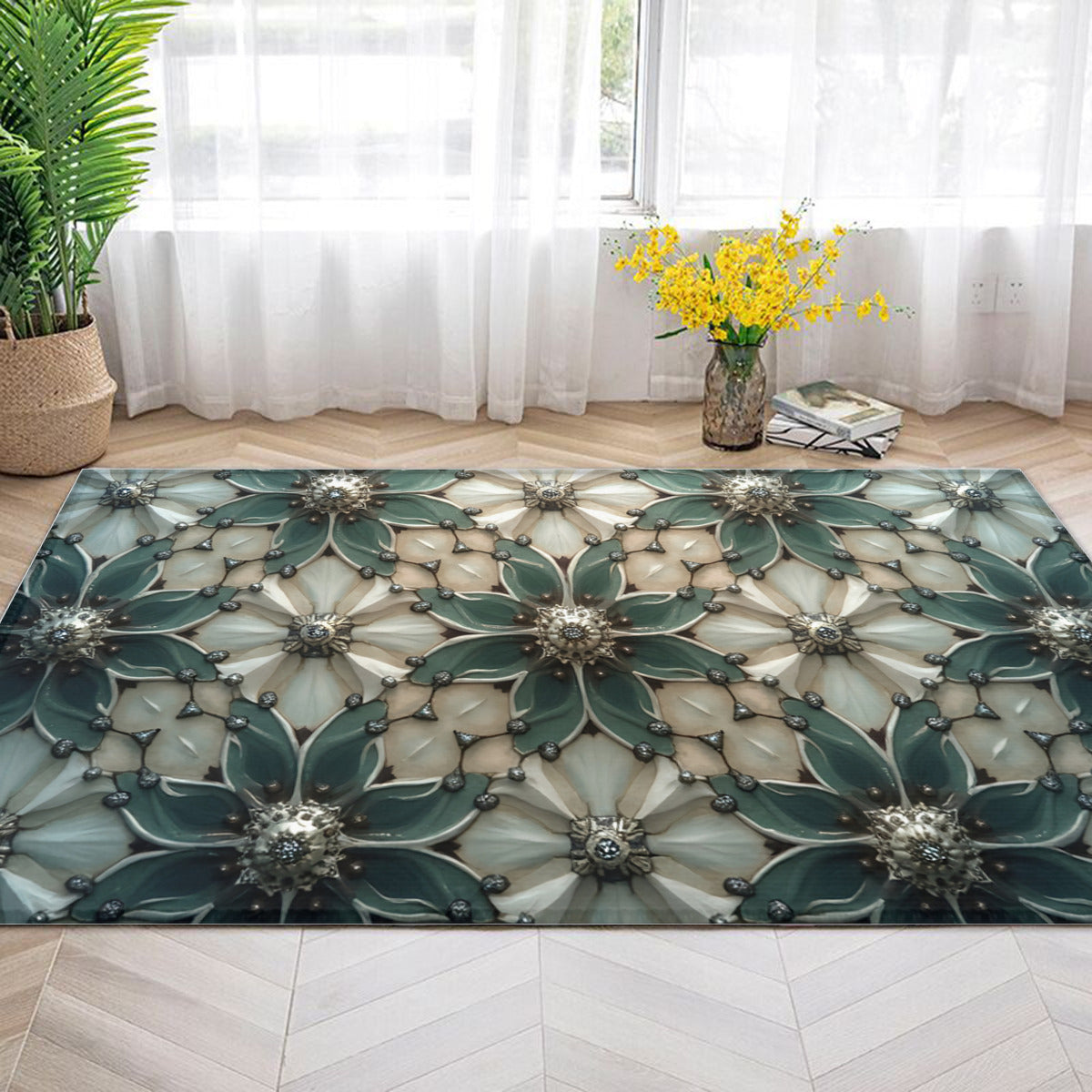 Teal Floral 3D Illusion Rug - Area Rug - VibVie