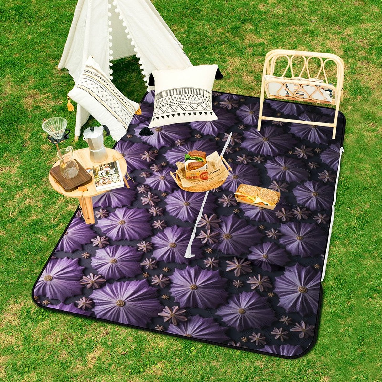 Purple Reign Picnic Blanket Bag - Elegant Floral Convertible Mat
