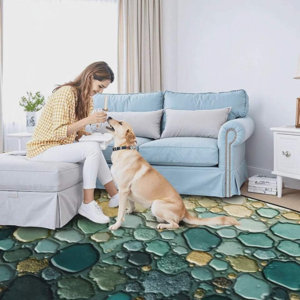 Emerald Stone River Rug - Modern Teal & Gold Accent Carpet