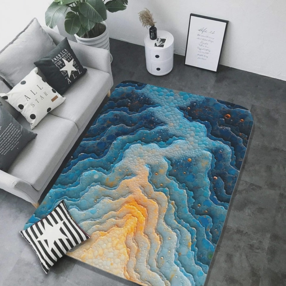 AquaGeo Serenity: Arte de suelo abstracto con textura en azul y amarillo